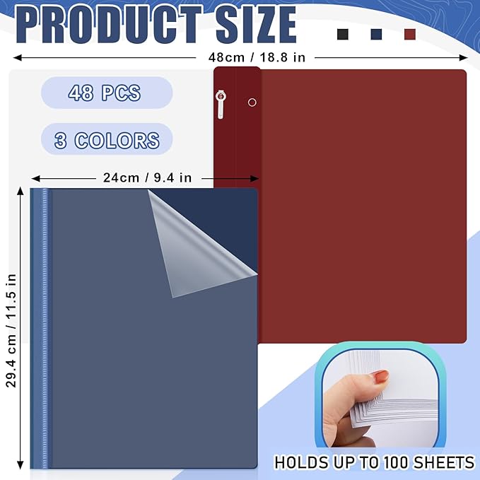 Teling 48 Pcs Clear Front Report Covers with Prongs Plastic Presentation Folders 3 Prong Resume Portfolio Folder for School (Black, Navy Blue, Dark Red)