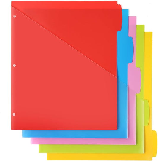 Plastic 5-Tab Dividers with Clear Front Pockets -1 Set, Pocket Dividers for 3-Ring Binders, Multi-Color Binder Dividers