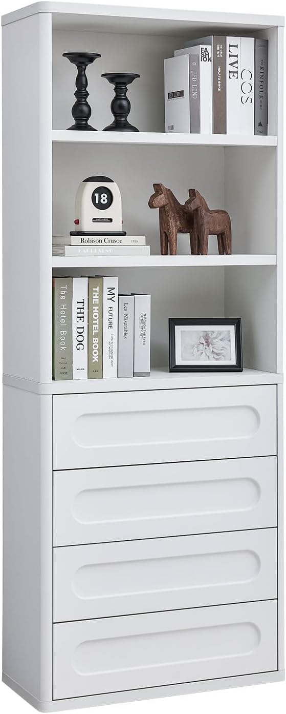 Bookcase with 4 Drawers, 72.1" Tall Bookshelf with 3 Storage Shelves, Large Bookshelves Cabinet for Living Room, Bedroom, Home Office (White)