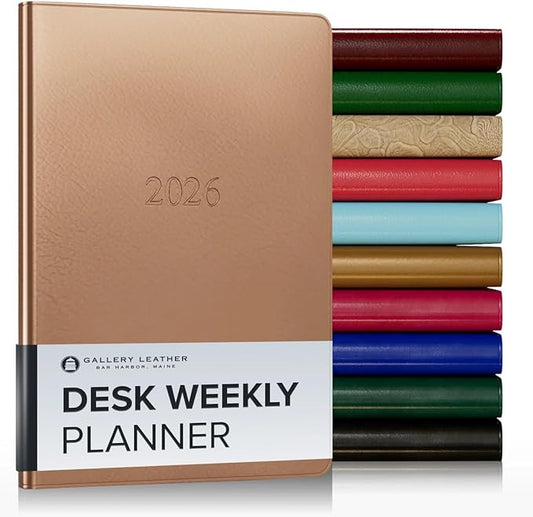 Gallery Leather Desk Weekly Monthly Planner 2025-2026, Elegantly Bound Calendar Planner and Notebook with Stylish Gold-Gilded Page Edges, 12 Months - Freeport Metallic Rose Gold - 8 x 5.5 "