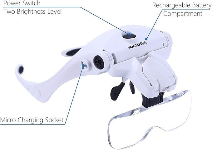 YOCTOSUN LED Head Magnifier, Rechargeable Hands Free Headband Magnifying Glasses with 2 Led, Professional Jeweler's Loupe Light Bracket and Headband are Interchangeable