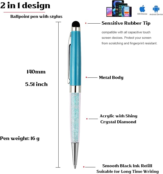 Ancolo Custom Ballpoint Pens Stylus Tip Blue Crystal-Custom personal pens School Writing Set- Engraved Name pens - with Your Team Name or Slogan/Phone number/Address- 10 Pens/Box