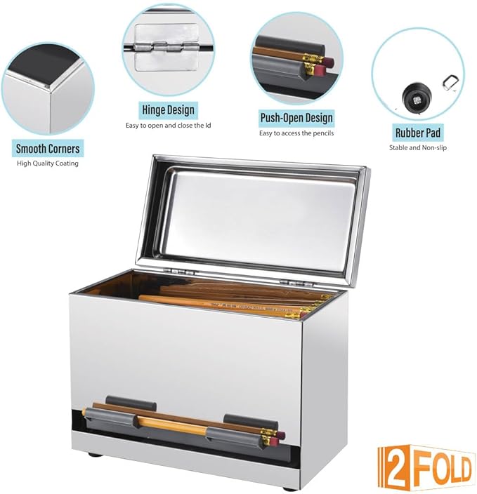 2Fold Pencil Dispenser for Classroom - Stainless Steel Bulk Pencil Holder for Desk - Includes Removable Label Stickers - Teacher Must Haves for Organization - Holds up to 200 Pencils (Silver)
