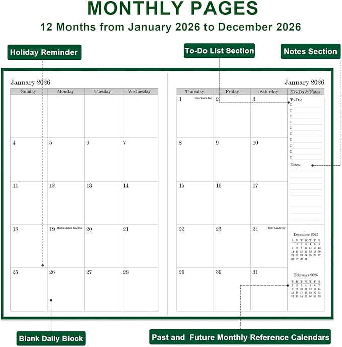 2026 Daily & Monthly Planner - 2026 Daily Planner One Page Per Day from January 2026 to December 2026, 5.8'' x 8.3'' Hourly Appointment Book Perfect Organizer Daily Life, Fabric Cover, Green