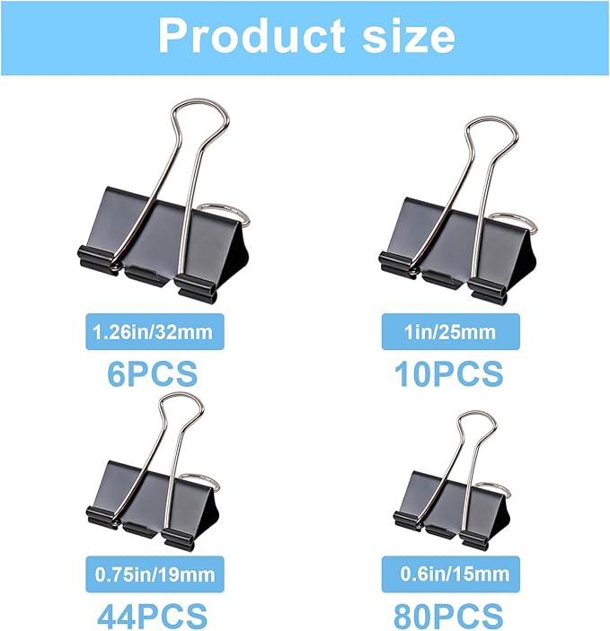 Binder Clips Assorted Sizes, 140 PCS Black Binder Paper Clips Office Clips Office Supplies Desk, 4 Sizes Cute Binder Clips Large Medium Binder Clip Small Paper Clips Medium Paper Clamps (Black)