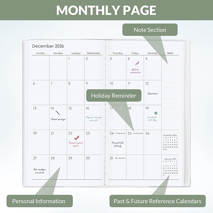 Pocket Calendar 2026-2027, Pocket Planner 2026-3.7" x 6.7" - Runs from July 2025 Until December 2027, Monthly Planner 2025-2027 with PVC Cover for Planning, Green