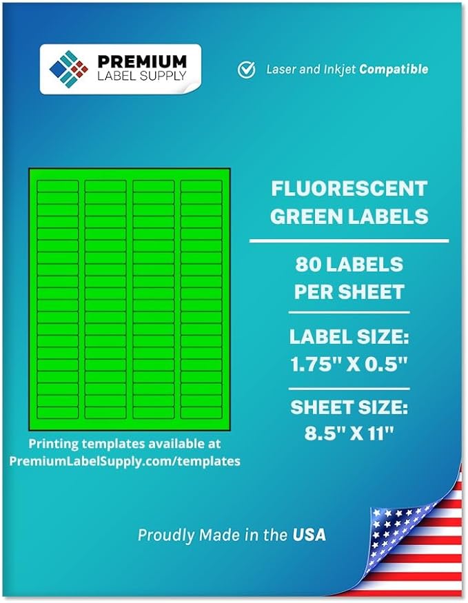 Premium Label Supply Bright Neon Color Fluorescent Sticker Labels - 1.75" x 0.5" Return Address Labels - (Fluorescent Green, 8000 Labels)