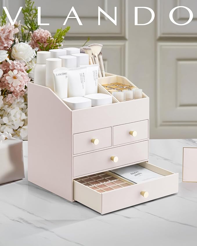 Vlando Makeup Organizer Countertop,Large Vanity Organizer PU Leather Make up Storage with 4 Drawers Skincare Organizer Cosmetic Display Case for Lipstick,Brushes-Apricot White