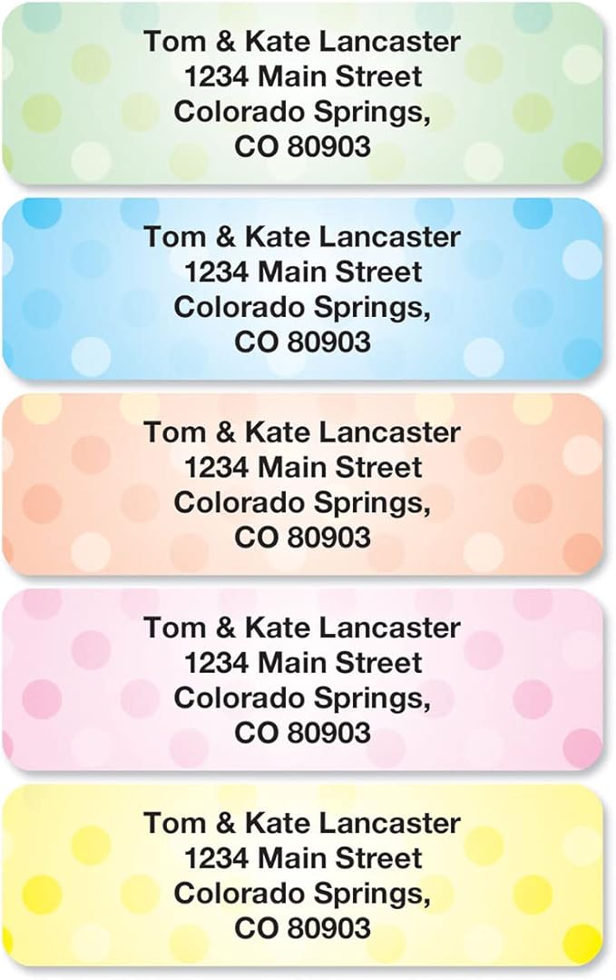 Pastel Dots Rolled Personalized Return Address Mailing Labels with Dispenser, Set of 250, 5 Designs, Small ¾ x 2½ Inch Size, Custom Self-Adhesive Sticker Roll, by Colorful Images