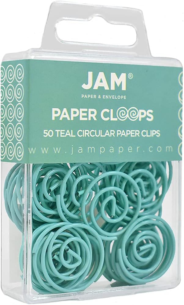 JAM PAPER Circular Paper Clips - Round Paperclips - Teal - 50/Pack