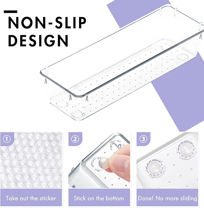 HOUSE DAY Desk Drawer Organizer Bins 4 PCS, 9*3*2" Clear Drawer Organizers with Silicone Pads, Vanity Organizers and Storage, Non Slip Plastic Drawer Organizer for Makeup, Bathroom, Kitchen, Office