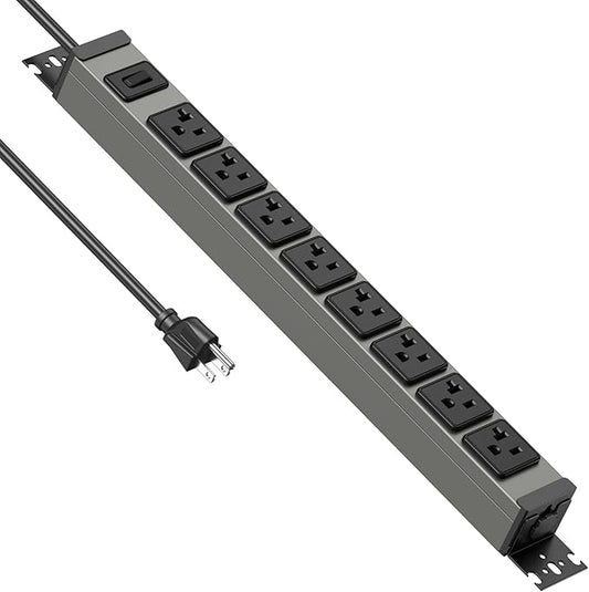 JUNNUJ Heavy Duty Power Strip Wall Mount, 20 Amp Surge Protector 1200J Metal 8 Outlet Under Desk Mounted 20A, Garage Power Bar Table Socket Industrial Outlets 6-20R T-Slot, 15FT 12AWG Extension Cord