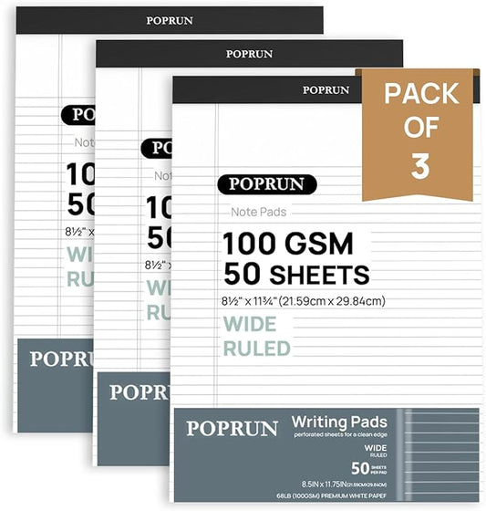 POPRUN White Legal Pads 8.5 x 11.75 Wide Ruled, 100GSM Writing Paper Pad, Bulk Lined Notepad Notebooks for Work School, Classroom Office Supplies, 3 Pack