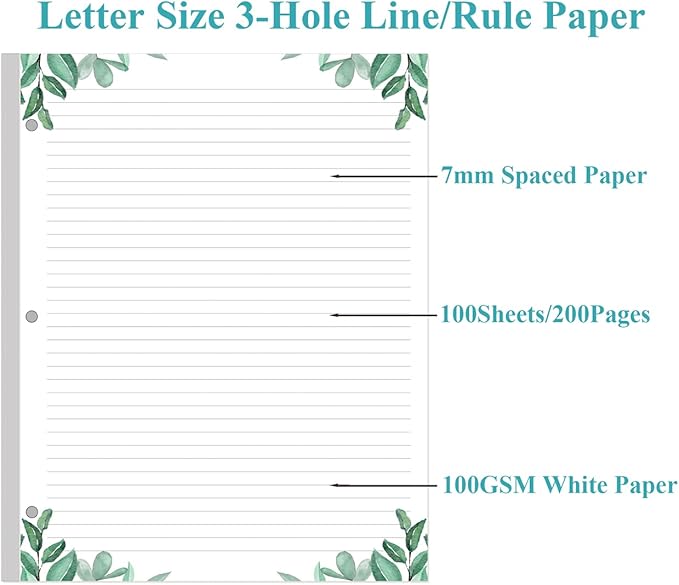 A4 Lined Refill Paper, 3-Hole Punched Ruled Filler Paper, 100Sheets / 200Pages Loose-Leaf Line Paper, 100gsm White Paper, 8.5'' x 11'', Leaf