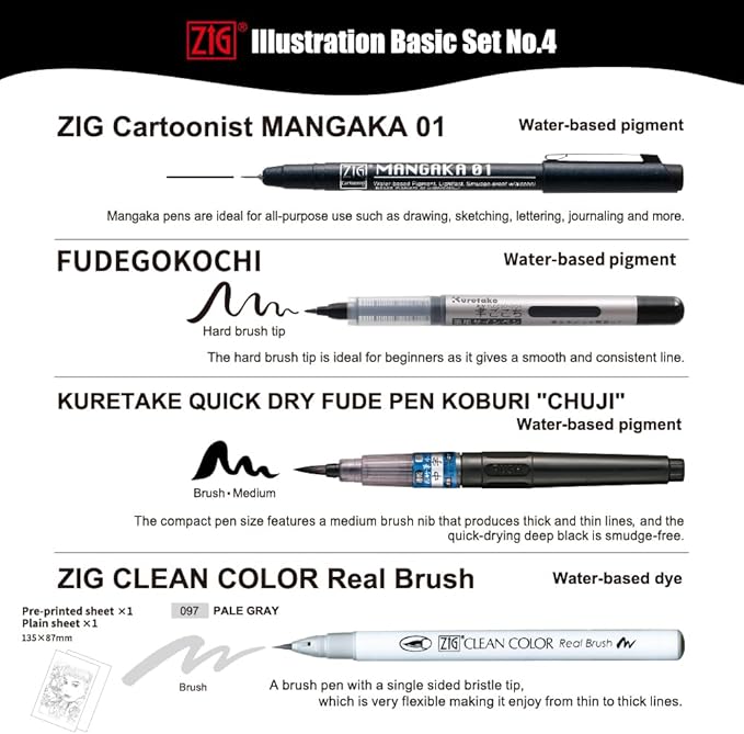 Kuretake ZIG Inktober Special Set, ZIG ILLUSTRATION BASIC SET NO.4 for Manga Drawing, Lettering and Calligraphy, Professional Artist Quality, Made in Japan