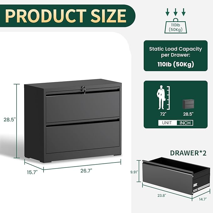 2 Drawer Lateral File Cabinet with Lock, 26.77“W File Cabinets for Home Office Legal/Letter A4 Size, File Cabinet Storage Cabinet,Require Assembly, Black