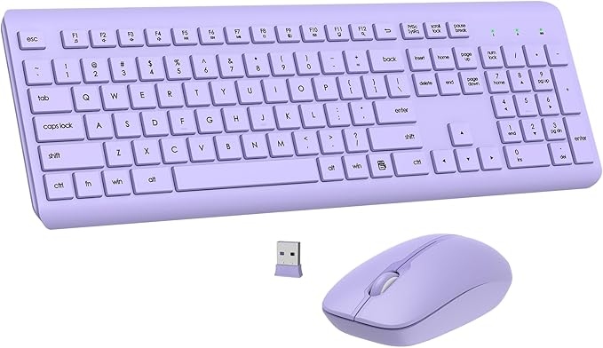 Wireless Keyboard and Mouse Combo, Full Size Silent Ergonomic Keyboard and Mouse, Long Battery Life, Optical Mouse, 2.4G Lag-Free Cordless Mice Keyboard for Computer, Mac, Laptop, PC, Windows(Purple)