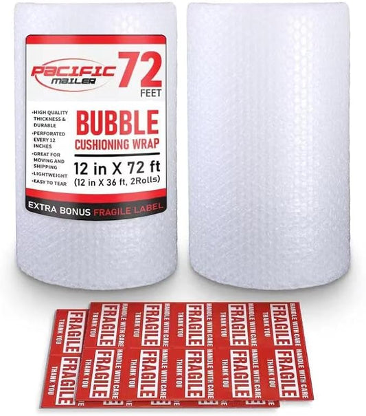 Bubble Cushioning Wrap Pacific Mailer 5/16 Inch x 12 Inch x 72Feet Total [2 Rolls of 36 Feet] Bubble Cushioning Wrap for Packing Moving Supplies Perforated Every 12"
