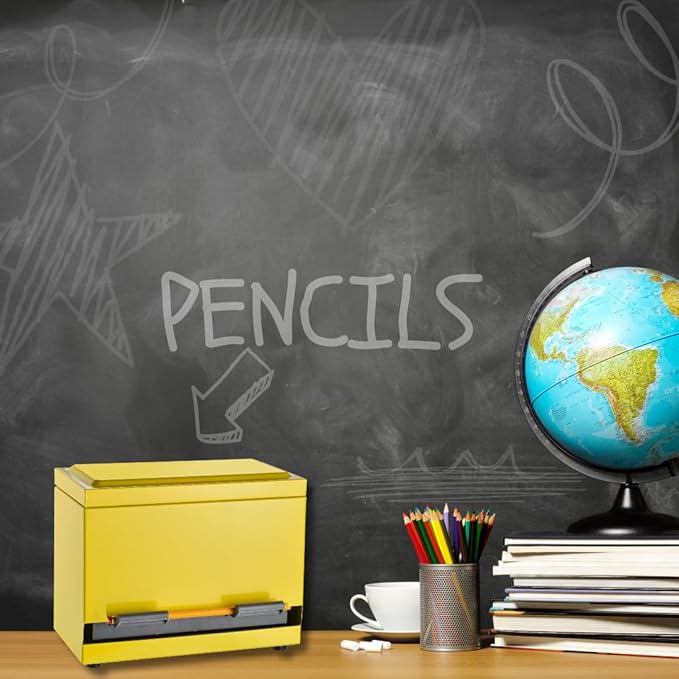 2Fold Pencil Dispenser for Classroom - Stainless Steel Bulk Pencil Holder for Desk - Includes Removable Label Stickers - Teacher Must Haves for Organization - Holds up to 200 Pencils (Yellow)