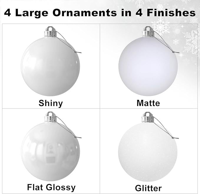 White 4.0" Large Christmas Balls - Christmas Tree Decoration Ornaments Shatterproof Hanging Balls for Birthday Halloween Holiday Wedding Decorations Set of 4pcs