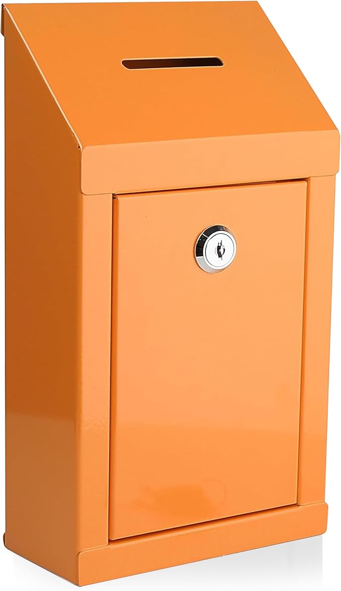 Metal Donation Box-Suggestion Box with Slot and lock-Cash Lock box for Money-Secure Drop Box-Comment and ballot voting box-comes with pre-drilled holes for easy wall mounting 10 X 6 X 2.5"(Orange)