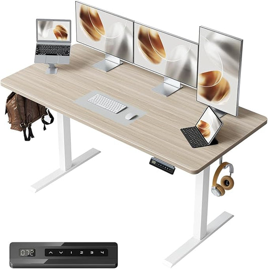 FEZIBO One-Piece Standing Desk Adjustable Height Stand up Home Office Desk, 55x24 Inch Electric Standing Computer Desk, with 4 Memory Presets, Fixable casters, Light Walnut