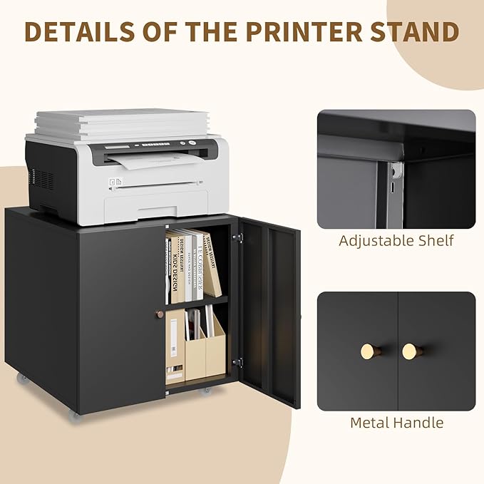 Printer Stand with Storage, 3D Heavy Duty Printer Table with Shelves, Large Printer Table for Home Office, Black Printer Stand on Wheels with Doors, Metal Fax Machine Stand for Workplace