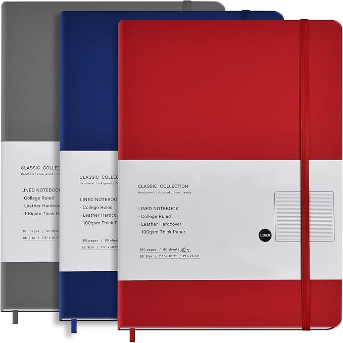 Coopay 3 Pack B5 Journal Notebooks Classic Ruled Notebooks Hardcover Lined Journals for Office Home School Business Writing Note Taking, 10.2 x 7.5 inch, 100GSM Thick Paper, 160 Pages (Gray/Blue/Red)
