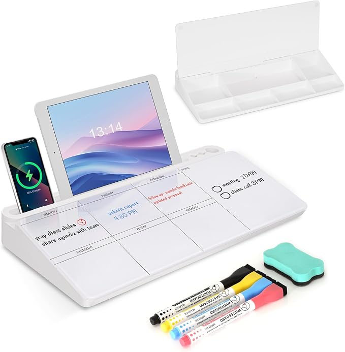 Desktop Glass Whiteboard with Storage, Weekly Calendar Desk Dry Erase White Board, Desk Organizers and Accessories, Weekly Planner Board for Planning, Memo, Note, Office, Home, College, School - White