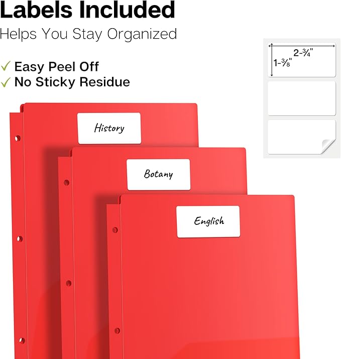 Dunwell Plastic 2-Pocket Folders for 3-Ring Binders, (3 Pack, Red) 3 Hole Punched, Divider Folder for Notebooks, Long Lasting Poly, Fits 8.5x11 Sheets, Includes Labels