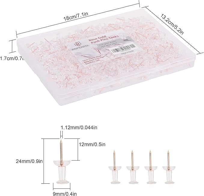PAPERPAL 280 Rose Gold Push Pins for Cork Board, Clear Thumb Tacks for Wall Hangings, Pushpins for Office School & Personal Use, Standard Size Push Pin Tacks