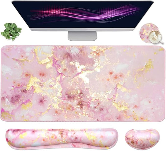 Large Mouse Pad and Keyboard Wrist Rest, Desk Pad for Keyboard and Mouse, 4-in-1 Large Gaming Mouse Pad with Wrist Support, Non-Slip Desk Mat for Home Office Study Game-Pink Gold Marble