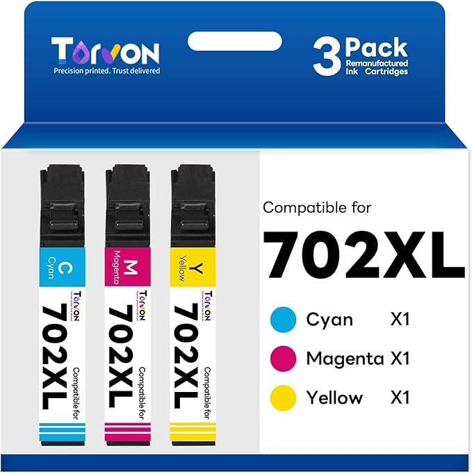 Remanufactured Ink Cartridge for Epson 702 Ink Cartridge Combo Pack 702XL 702 XL T702XL Compatible with Epson Workforce Pro WF-3720 WF-3730 WF-3733 Printer(Cyan Magenta Yellow, 3 Pack)