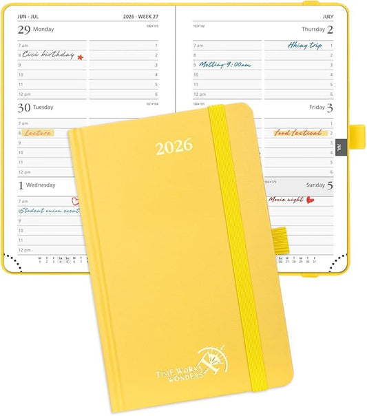 POPRUN 2026 Planner (Pocket Size 4''x 6.25'' Hardcover) - Small Calendar for Purse with Hourly Schedule & Vertical Weekly Layout, Monthly Calendars, 100 GSM - Light Yellow