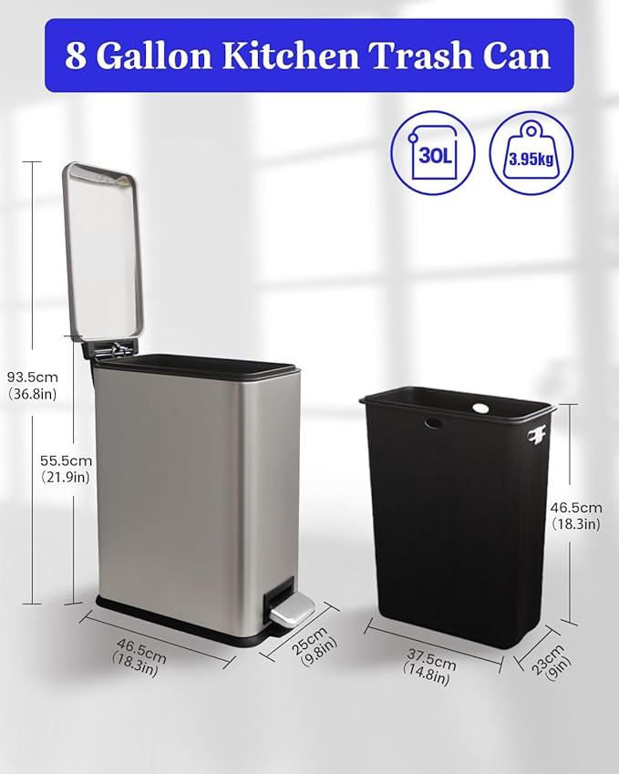 8 Gallon Slim Trash Can with Soft Close Lid, Stainless Steel Trash Can with Removal Inner Bucket, Hand -Free Trash Bin for Kitchen, Office, Laundry, Bathroom, 30 Liter Capacity, Grey