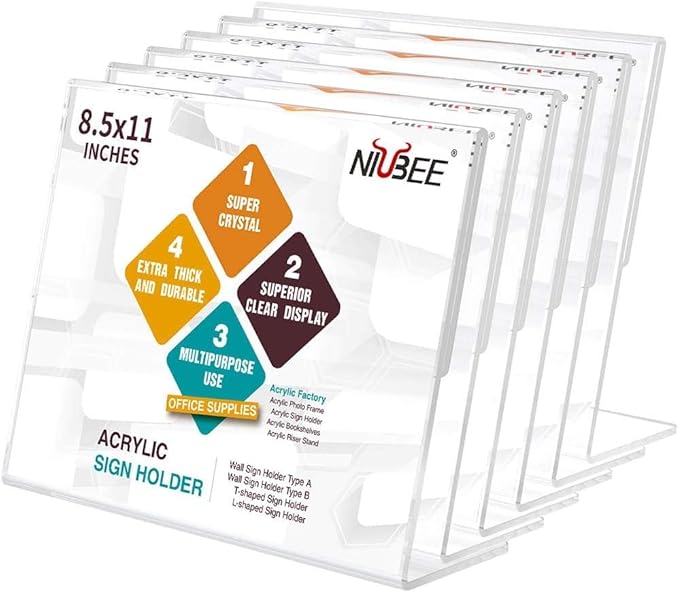 NIUBEE Acrylic Sign Holder 8.5x11 Inches 6 Pack Horizontal, Slant Back Clear Frames, Plastic Paper Flyer Display Holder, Document Menu Table Stand for Office, Store, Restaurant -Landscape