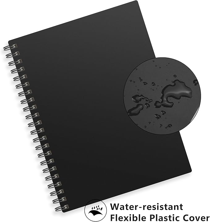 RETTACY Spiral College Ruled Notebook, 300 Pages, A4 Large Size (8.2" x 11.2"), for School, Work, Writing, Journaling, 100 GSM Thick Paper, Flexible Plastic Cover (Black)