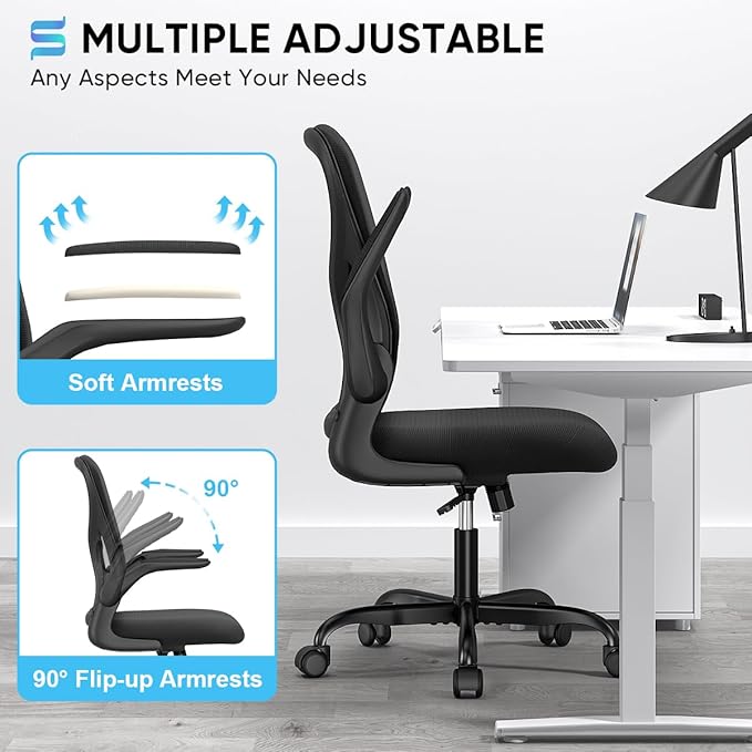 Sytas Ergonomic Desk Chair with Padded Flip up Arms and Supportive Lumbar Support, Breathable Mesh Home Office Chair with Comfortable Cushion for Home or Office(Black)
