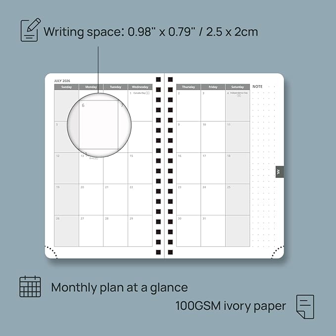 POPRUN 2026 Planner (Pocket Size 4''x 6.25'' Wire-Bond Hard Cover) Calendar Weekly and Monthly (Jan.2026-Dec.2026) Small Planner with Hourly Time Slots, for Purse, 100 GSM - Midnight Green