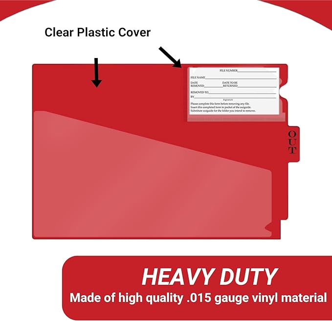 Doctor Stuff - Center Tab Vinyl Outguides, Diagonal Cut Front Pocket, Top Charge Out Slip Pocket, Plastic File Folder, Letter Size 9" x 13-1/4", Red, 50/Box