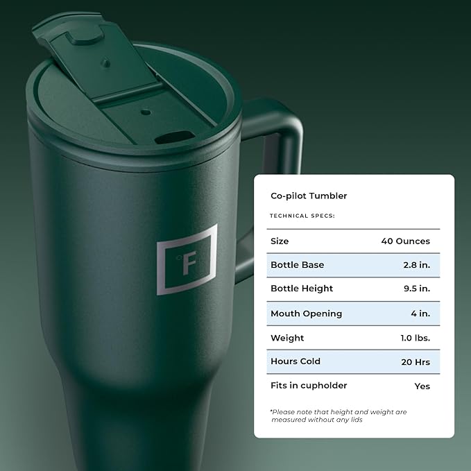 IRON °FLASK Co-Pilot 40 oz Insulated Tumbler with Straw & Flip Cap Lids - Cup Holder Bottle for Hot or Cold Drink - Leak-Proof, Double Walled - Water, Coffee Portable Travel Mug - Dark Pine
