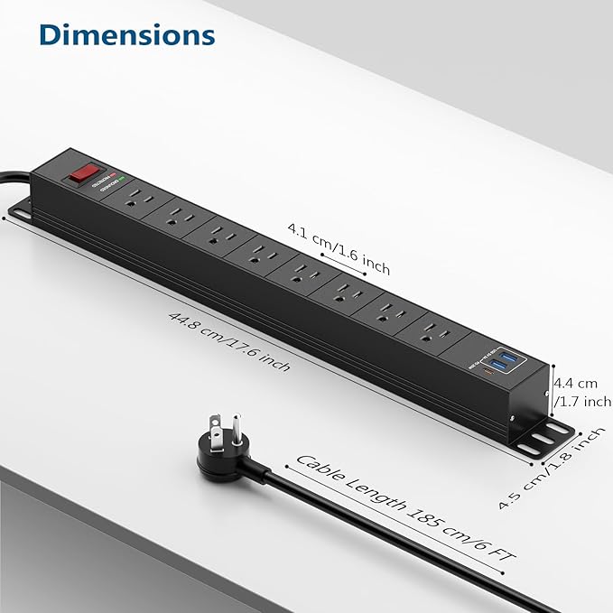 8 Outlet Heavy Duty Power Strip with USB PD 20W, BTU Surge Protector 6FT Cord Long Power Strip with USB A & USB C, Wide Spaced and Wall Mount Metal Powerstrip for Home Office Garage Workshop
