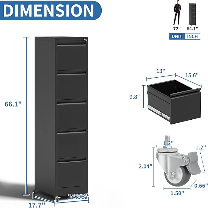 5 Drawer Mobile File Cabinet, Metal Filing Cabinet with Lock and Wheels, Home Office Rolling File Cabinets for Legal/Letter Hanging File Folders, Un-Assembled (Black)