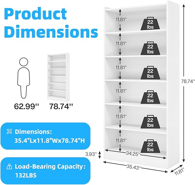 72" Rectangle Wooden Bookshelf with 6 Tier Bookshelf, Large Bookcase for Home Offices and Living Rooms with Storage Shelves, Display Shelves, White