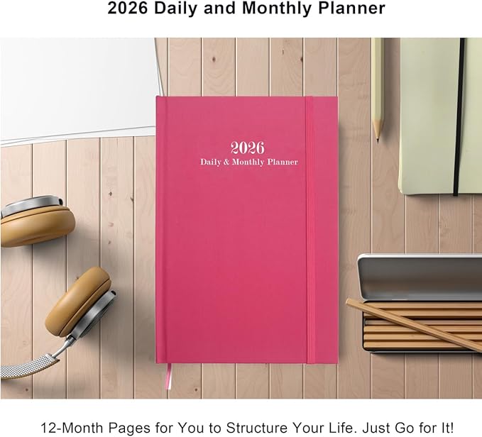 2026 Daily & Monthly Planner - 2026 Daily Planner One Page Per Day from January 2026 to December 2026, 5.8'' x 8.3'' Hourly Appointment Book Perfect Organizer Daily Life, Fabric Cover, Pink