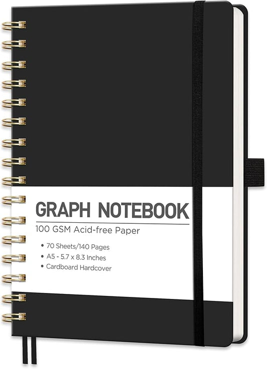 RETTACY Graph Grid Paper Notebook, 140 Pages, A5 Medium Size (5.7'' x 8.3''), 5 Squares per Inch, Hardcover, 100 GSM Thick Paper, for School, Students, Math, Engineering (Black)