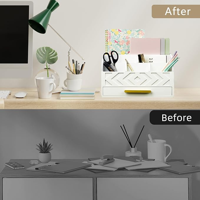 Wooden Desk Organizer Mail Organizer Countertop, Desktop Organizer Mail Sorter Mail Holder Bill Organizer for Desk, Desk Organizers and Accessories for Women (White)