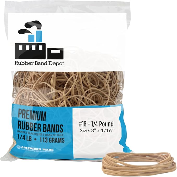 Rubber Band Depot, Size #18, Everyday Rubber Bands - Rubber Band Measurements: 3" x 1/16'' - Approximately 450 Rubber Bands Per Bag - 1/4 Pound Bag