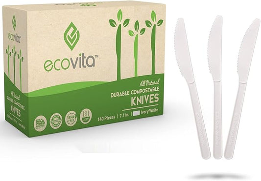 Ecovita 100% Compostable Knives - 140 Large Disposable Utensils (7 in.) Eco Friendly Durable and Heat Resistant Alternative to Plastic Knives with Convenient Tray