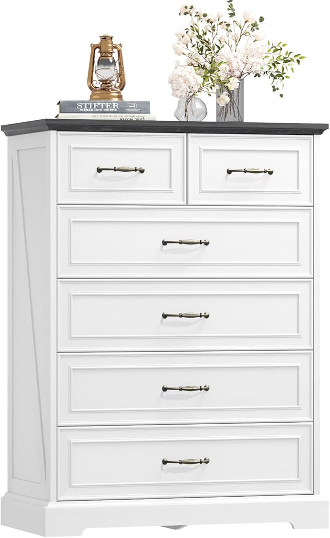 6 Drawer Dresser for Bedroom, 43" Tall Wooden Chest of Drawers, Rustic Farmhouse Dresser with Large Drawers & Metal Handles, Modern Storage Organizer for Closet, Living Room, Hallway, White
